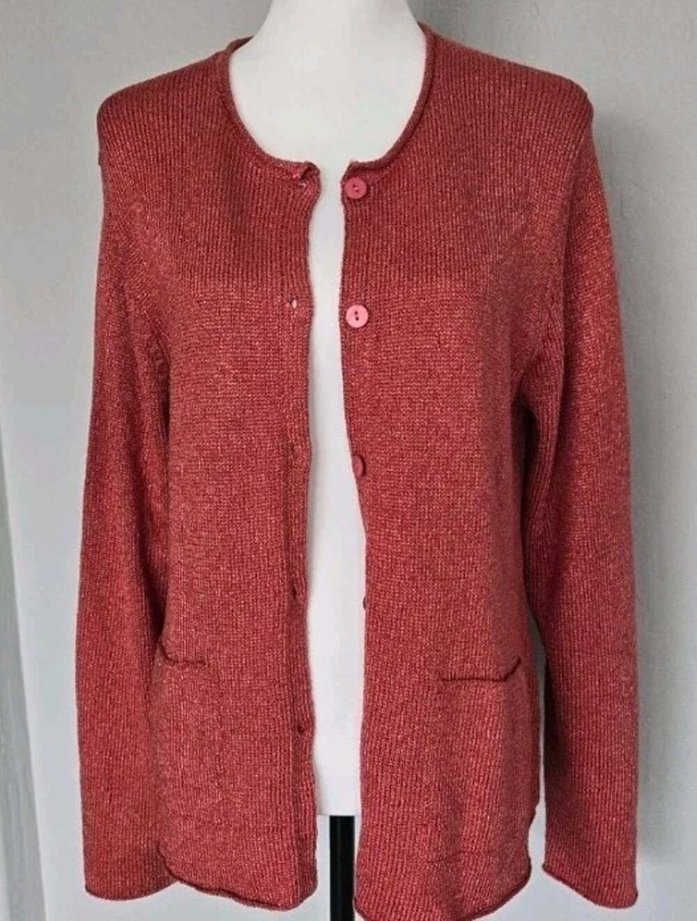 Eileen Fisher Silk Blend Knit Cardigan Fresa Round Neck Sweater Jacket Pink Sz L